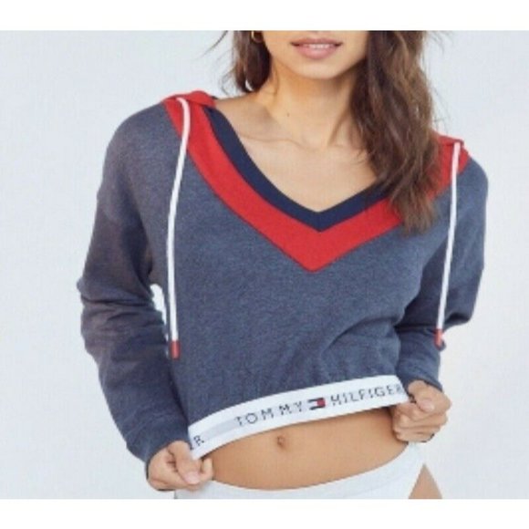 Tommy Hilfiger Logo Gray Cropped Hoodie Sweatshirt V-Neck Sz M Urban Outfitters - Picture 6 of 9
